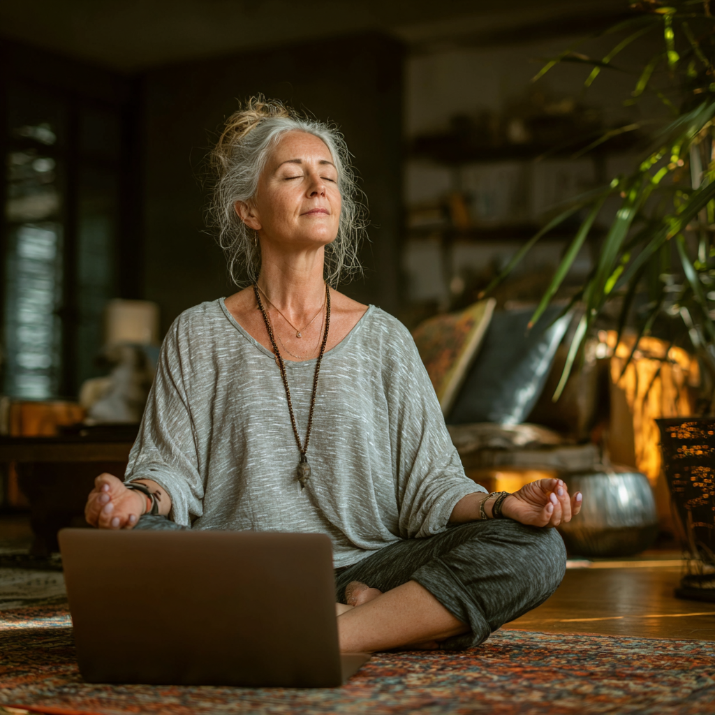 Жінка 54 роки займається йогою онлайн вдома за ноутбуком, демонструючи комфорт домашньої практики