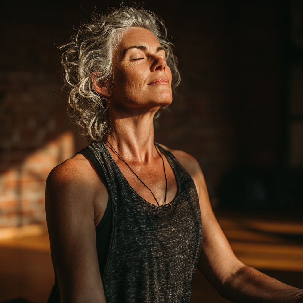 Жінка 55 років виконує м'яку асану йоги в студії з природним освітленням, демонструючи правильне вирівнювання та спокій